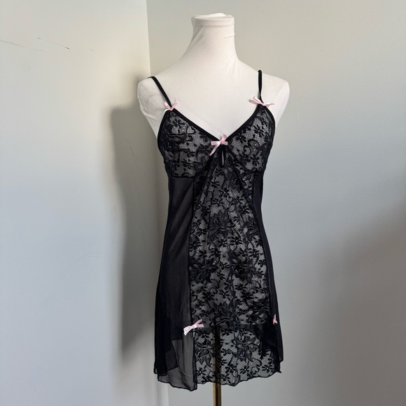Y2K Black Lace Babydoll Slip Dress w/ Pink Bows Fairygrunge Lingerie Aesthetic - Picture 3 of 6